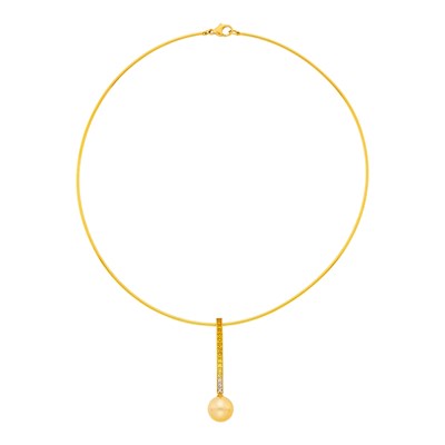 Lot 1053 - Mikimoto Gold, Golden Cultured Pearl and Multicolored Sapphire Pendant with Wire Necklace