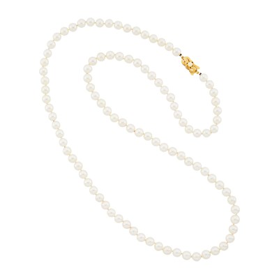 Lot 1043 - Mikimoto Long Cultured Pearl Necklace with Gold Clasp