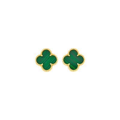 Lot 124 - Van Cleef & Arpels Pair of Gold and Malachite 'Alhambra' Earrings, France