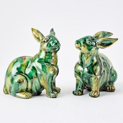 Lot 230 - A Pair of Chinese Sancai Glazed Porcelain Rabbits