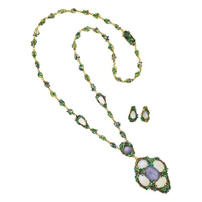 Lot 178 - Louis Comfort Tiffany Gold, Star Sapphire, Moonstone and Enamel Pendant-Necklace and Pair of Earclips