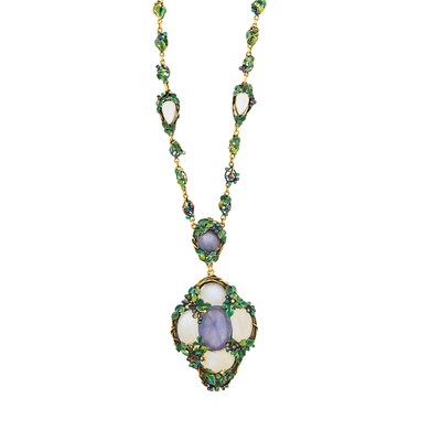 Lot 178 - Louis Comfort Tiffany Gold, Star Sapphire, Moonstone and Enamel Pendant-Necklace and Pair of Earclips