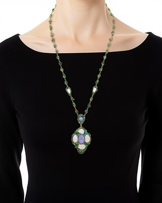 Lot 178 - Louis Comfort Tiffany Gold, Star Sapphire, Moonstone and Enamel Pendant-Necklace and Pair of Earclips