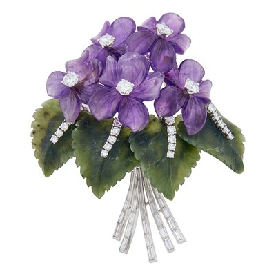 Lot 59 - Platinum, Carved Amethyst and Nephrite and Diamond Bouquet Clip-Brooch