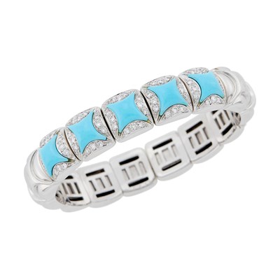 Lot 53 - White Gold, Turquoise and Diamond Bangle Bracelet