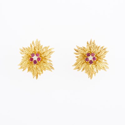 Lot 1163 - Tiffany & Co. Pair of Gold, Ruby and Diamond Flower Earrings