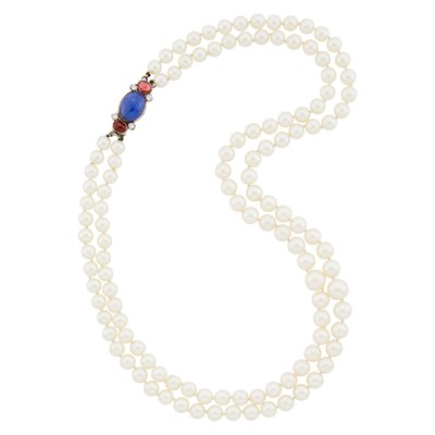 Lot 1228 - Double Strand Cultured Pearl Necklace with White Gold, Cabochon Sapphire and Ruby and Diamond Clasp