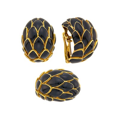 Lot 1103 - Pair of Gold and Black Enamel Bombé Half-Hoop Earclips and Dome Ring