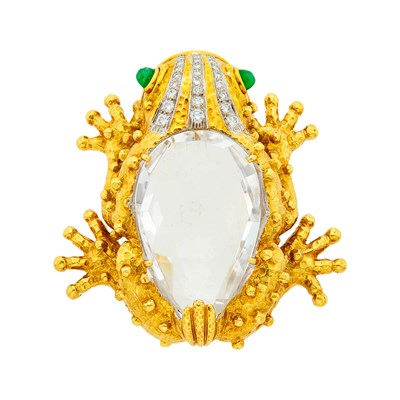 Lot 74 - David Webb Gold, Platinum, Rock Crystal, Cabochon Emerald and Diamond Frog Pendant Clip-Brooch