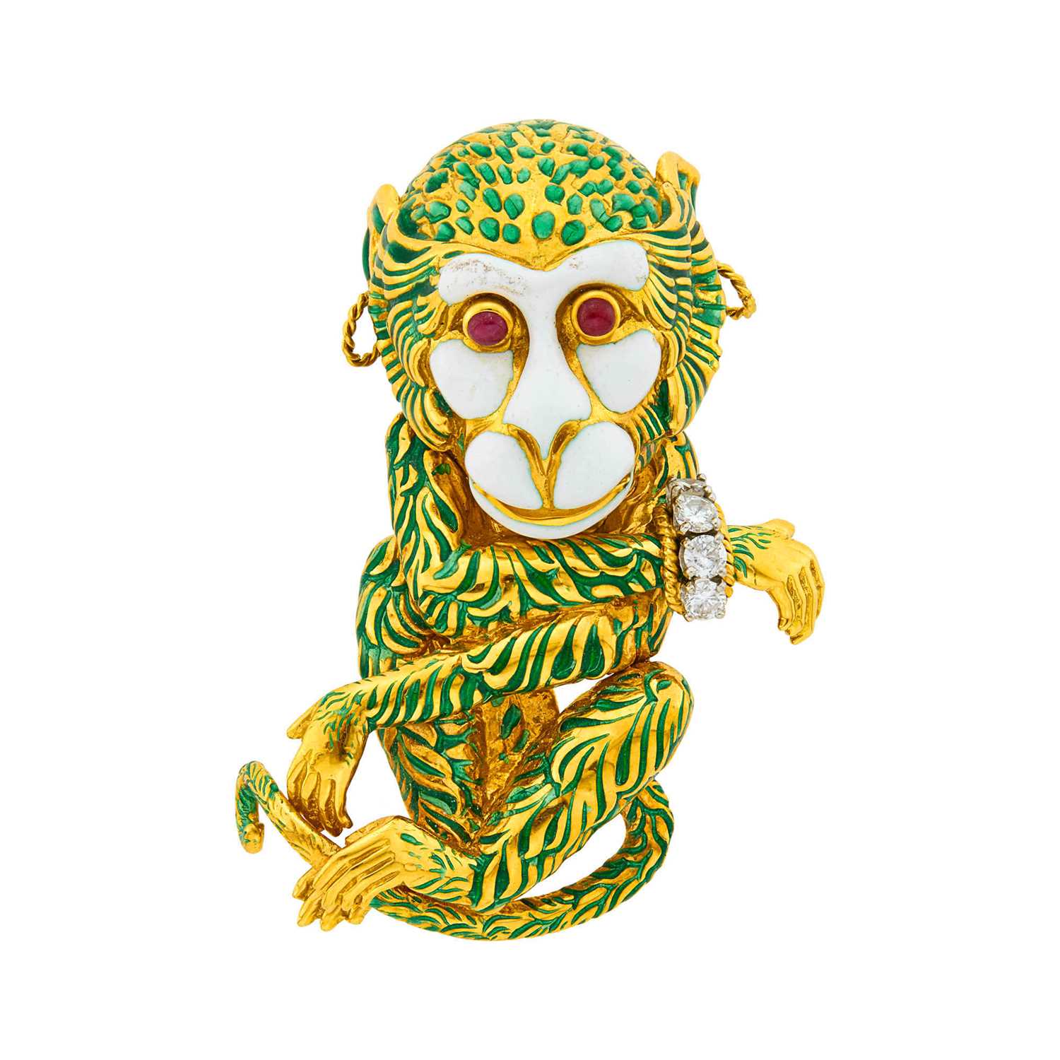 Lot 77 - David Webb Gold, Platinum, Enamel, Diamond and Cabochon Ruby Monkey Pendant Clip-Brooch