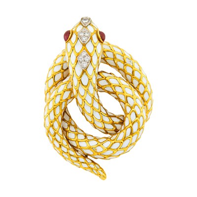 Lot 76 - David Webb Gold, Platinum, White Enamel and Cabochon Ruby Snake Clip-Brooch