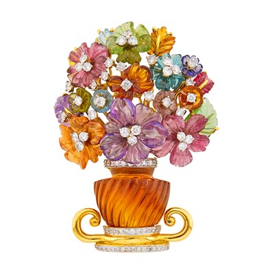 Lot 1050 - Valentin Magro Gold, Carved Gem-Set and Diamond Floral Bouquet Clip-Brooch