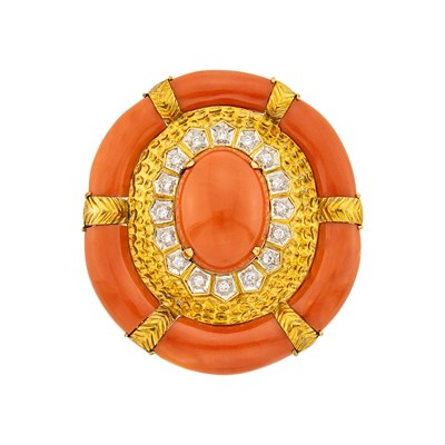 Lot 1017 - Trio Two-Color Gold, Coral and Diamond Pendant Clip-Brooch