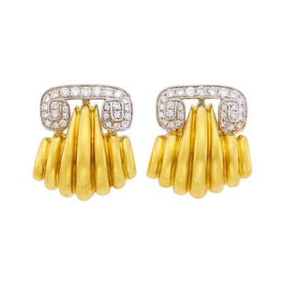 Lot 1004 - Pair of Two-Color Gold and Diamond Earrings