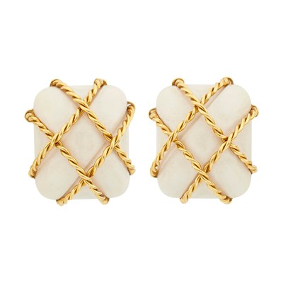 Lot 1007 - Seaman Schepps Pair of Gold and White Coral 'Cage' Earclips