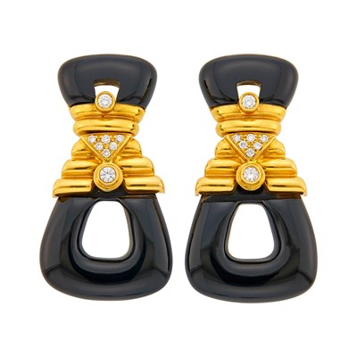 Lot 1098 - Pair of Gold, Black Onyx and Diamond Doorknocker Pendant-Earclips