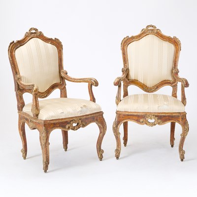 Lot 290 - Pair of Italian Rococo Painted Armchairs
