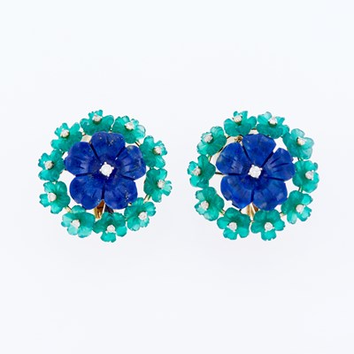Lot 35 - Pair of White Gold, Carved Lapis, Green Agate and Diamond Flower Earrings