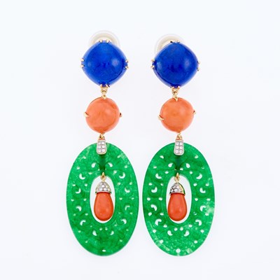 Lot 39 - Pair of Gold, Lapis, Green Agate, Coral and Diamond Pendant-Earclips