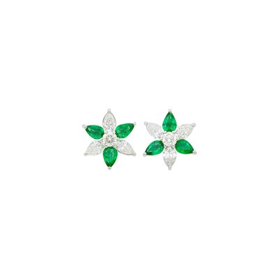 Lot 1064 - Pair of Platinum, Emerald and Diamond Flower Stud Earrings