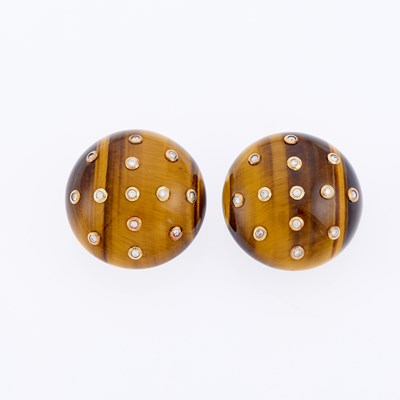 Lot 51 - Pair of Gold, Tiger's Eye and Diamond Earrings