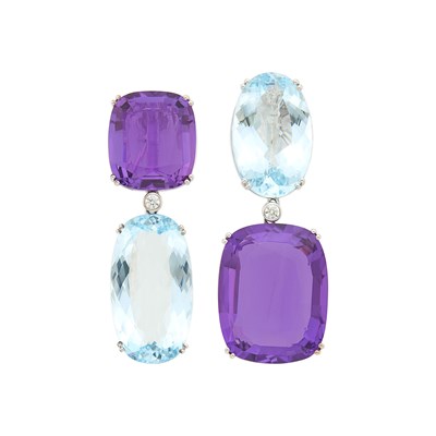 Lot 1071 - Pair of White Gold, Aquamarine, Amethyst and Diamond Pendant-Earrings