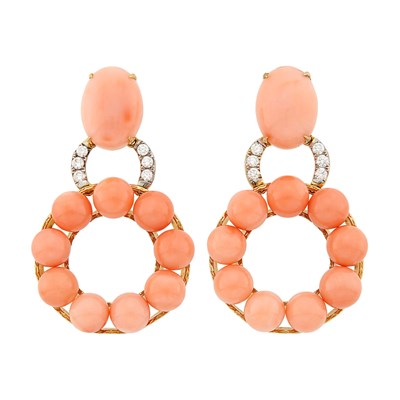 Lot 1092 - Pair of Gold, Angel Skin Coral and Diamond Hoop Pendant-Earclips
