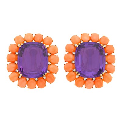 Lot 1018 - Pair of Gold, Amethyst, Coral and Diamond Earclips