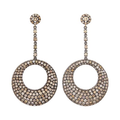 Lot 1115 - Pair of Blackened Gold, and Colored Diamond Hoop Pendant-Earrings