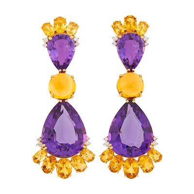 Lot 1162 - Pair of Gold, Amethyst, Citrine and Diamond Pendant-Earrings