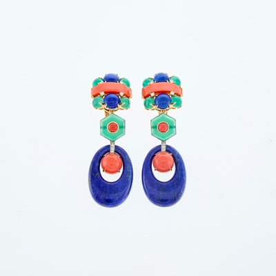 Lot 62 - Pair of Gold, Lapis, Coral, Green Agate and Diamond Pendant-Earclips
