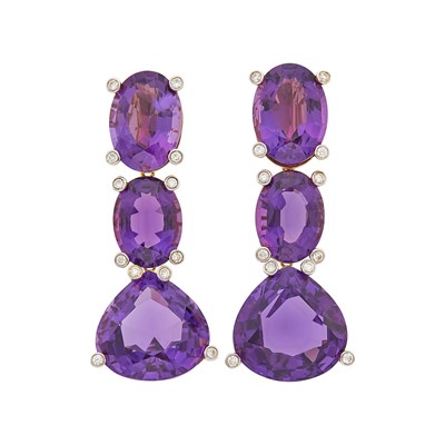 Lot 1021 - Pair of Gold, Amethyst and Diamond Pendant-Earrings