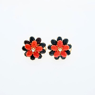 Lot 143 - Pair of Gold, Black Onyx, Coral and Diamond Flower Earrings