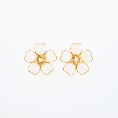 Lot 30 - Pair of Gold, White Coral and Diamond Flower Earclips