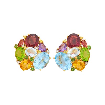 Lot 1088 - Pair of Gold, Colored Stone and Diamond Cluster Earclips
