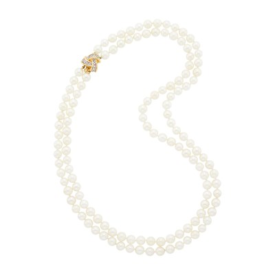 Lot 3059 - Double Strand Cultured Pearl Necklace with Two-Color Gold and Diamond Clasp