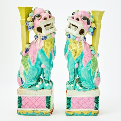Lot 638 - A Pair of Chinese Enameled Porcelain Fu Lions