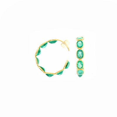 Lot 2192 - Pair of Gold and Emerald Hoop Earrings