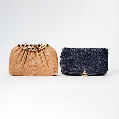 Lot 182 - Judith Leiber Two Lizard Skin and Colored Stone Clutches