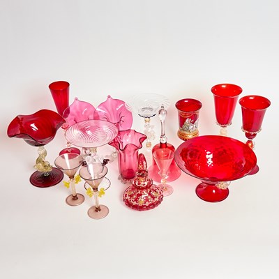 Lot 158 - Group of Venetian Red and Gold Glass Table Articles