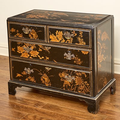 Lot 164 - Black Lacquer Chinoiserie Decorated Chest of Drawers