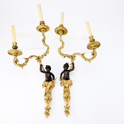Lot 177 - Pair of Louis XV Style Patinated and Gilt Bronze Two-Light Sconces