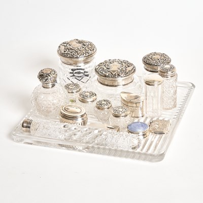 Lot 101 - Group of Sterling Silver, Silver Plate and Glass Dresser Articles