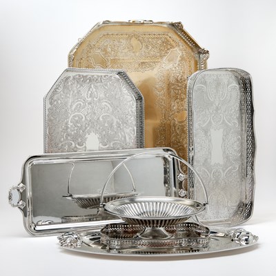 Lot 110 - Group of Six Silver Plated Galleried Trays and Dishes