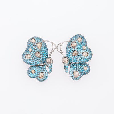 Lot 1076 - Pair of Blackened Gold, Blue Zircon and Colored Diamond Butterfly Earrings