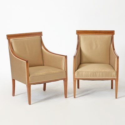Lot 154 - Pair of Silk Upholstered Inlaid Mahogany Armchairs