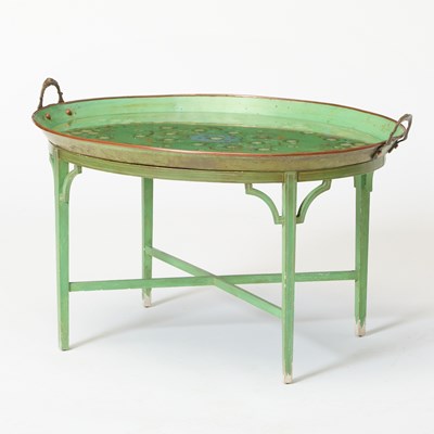 Lot 164 - Green Painted Tole Tray on Later Stand