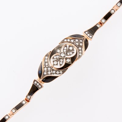 Lot 1127 - Rose Gold, Silver, Black Onyx, Black Enamel and Diamond Bracelet