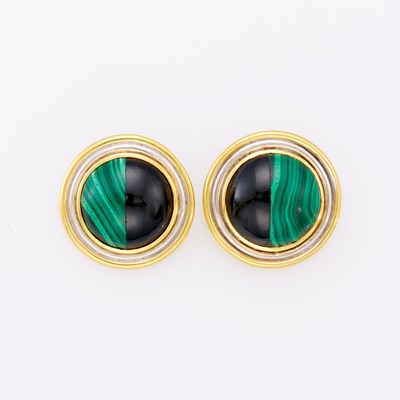 Lot 1024 - Pair of Two-Color Gold, Malachite and Black Onyx Earclips