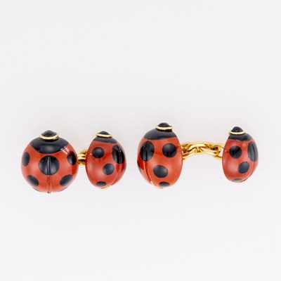 Lot 1025 - Pair of Gold, Carved Jasper and Black Onyx Ladybug Cufflinks